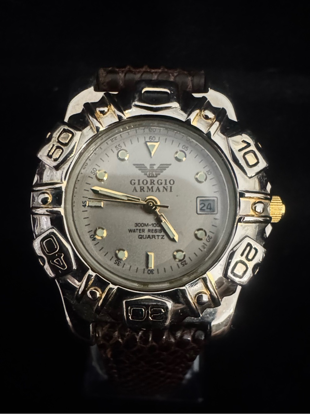 Giorgio Armani Two-Tone Sport Watch — Silver & Gold with Brown Strap